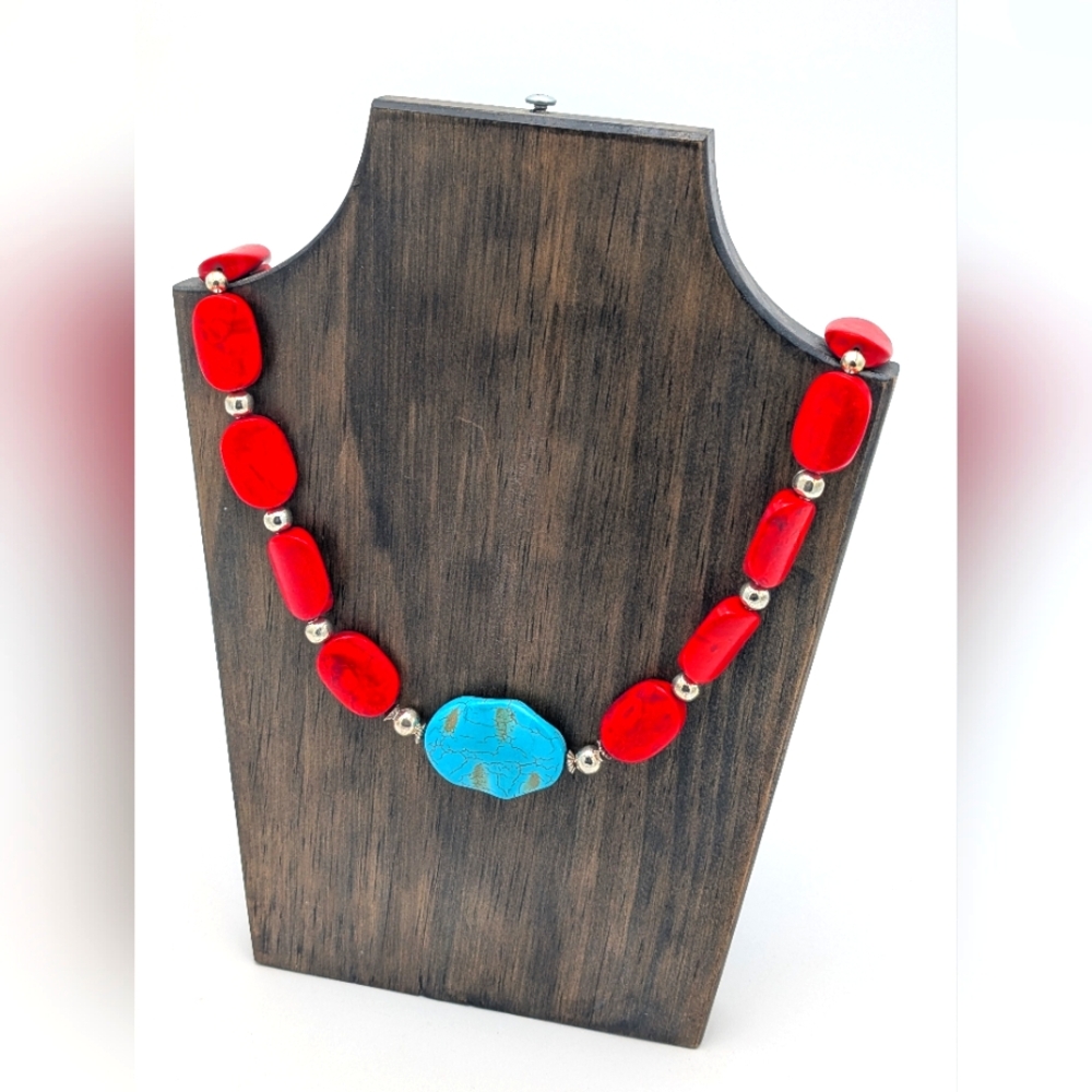 Red and Green Turquoise Necklace. Handmade. New, never worn. Real and heavy.